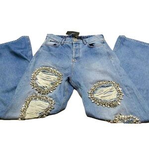 NEW PHILIPP PLEIN Womens Jean Blue Size 26 Denim Skater Wide Leg Distress